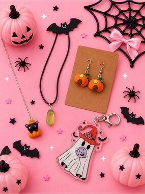 Whimsy Halloween Pumpkin Jewelry Set - Pink
